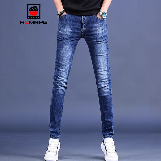 
AEMAPE 2024 new summer jeans men's trendy brand slim feet trendy Korean style stretch men's casual long trousers 9903 blue 33
