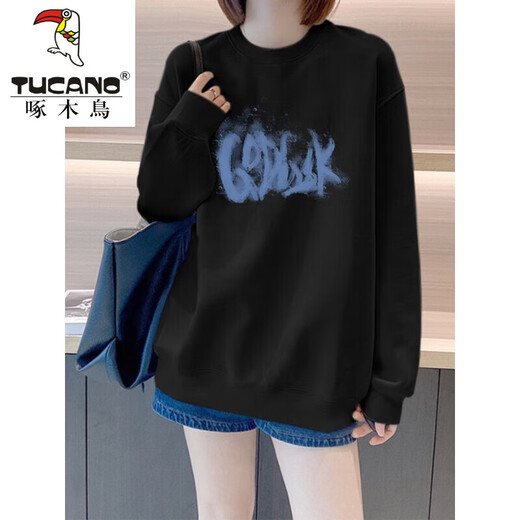 Woodpecker (Tucano) Hutloser Baumwoll-Sweatshirt für Frauen Herbst New Longleved T-Shirt Round Hals Lazy Style Dünn locker schlank vielseitig.