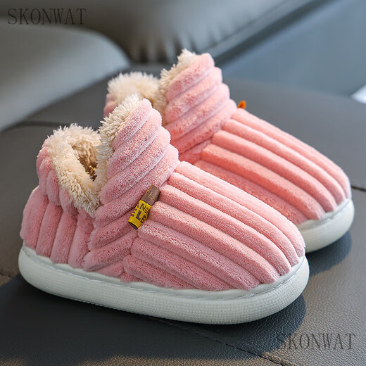 SKONWAT children's cotton slippers, winter boys and babies with heel, 1-3 years old, 2 warm indoor home, children's cotton shoes, furry shoes, gray (heel), size 22/23 (inner length 14CM, suitable for 1-2 years old)