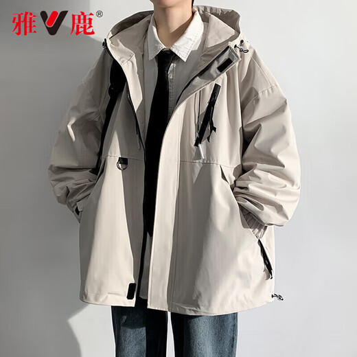 Yalu Jacket Outdoor Men's Jacket Hooded Waterproof Windproof Loose Jacket Men's Youth Mountaineering Jacket All-match Top Khaki XL (Recommended 145-160 Jin Jin equals 0.5 kg)
