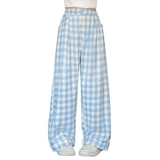 
OVE girls wide-leg pants spring and autumn 2025 new children's pants spring and summer sports pants large children's girls' blue plaid pants 15266 blue + 15276 meters white 120 cm