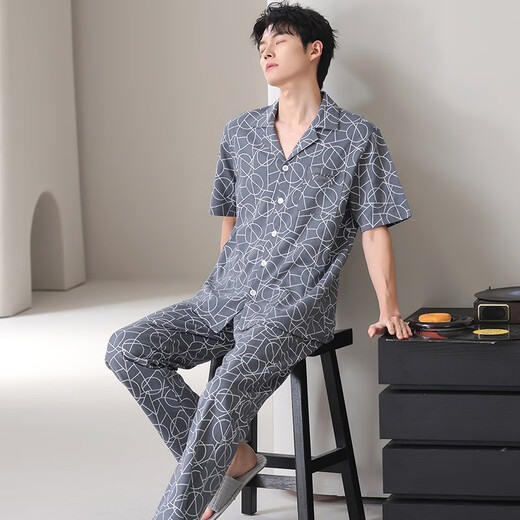 Pajamas de hombres de algodón puro de verano de yalu para hombres, estante de algodón de algodón fresco cómodos pantalones de manga corta, juego de dos piezas para ropa casera para usar afuera. Estilo: 09M9856 2XL Recomendado: 175-180 cm/70-80 kg