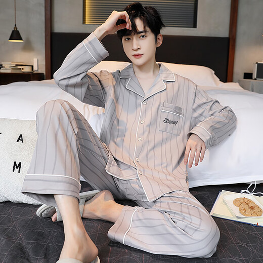 Pyjamas modal printanier et automne pour hommes purs en coton pure de grande taille à manches longues décontractées, le style d'été et d'hiver peut être porté à l'extérieur pour les vêtements à domicile omm12014 xl (recommandé 130-150jin [Jin est égal à 0,5 kg]))