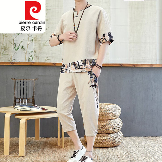 
Pierre cardin Chinese style men's Tang suit summer Hanfu short-sleeved T-shirt retro style loose casual large size set of clothes Apricot color 687 set top + pants 2 pieces in total XL