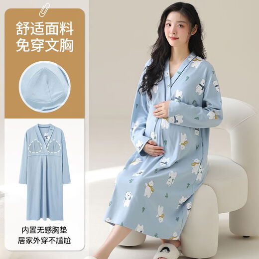 Reines Nachthemd mit Brustpolster neuer Frühlings- und Herbst Sommer langärmelige Kleidung für schwangere Frauen nach der Geburt und nach der Geburt Still- und Schwangerschafts-Pyjamas MNQ13062#RR One Size XXL-Code [140-160]