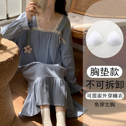 
Catman Spring and Autumn Day 2025 new long-sleeved nightgown for pregnant women pajamas with chest pads integrated large size can be worn outside home clothes 16857 without chest pads (recommended weight 80-100 Jin [Jin equals 0.5 kg]) M