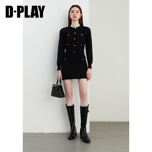 DPLAY2025 new autumn French black knitted suit, feminine and fashionable, with sweater skirt, classic black-two-piece set L