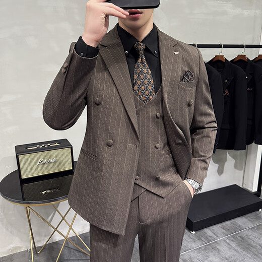 Jason men's double-breasted striped suit suit groom wedding dress business casual work interview suit three-piece suit dark brown (suit + pants) M (95-110Jin Jin equals 0.5 kg)