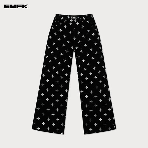 SMFK十字经典阔腿牛仔裤复古宽松休闲百搭许靖韵同款PD005BJ/BG/LG/CW 黑花园 L
