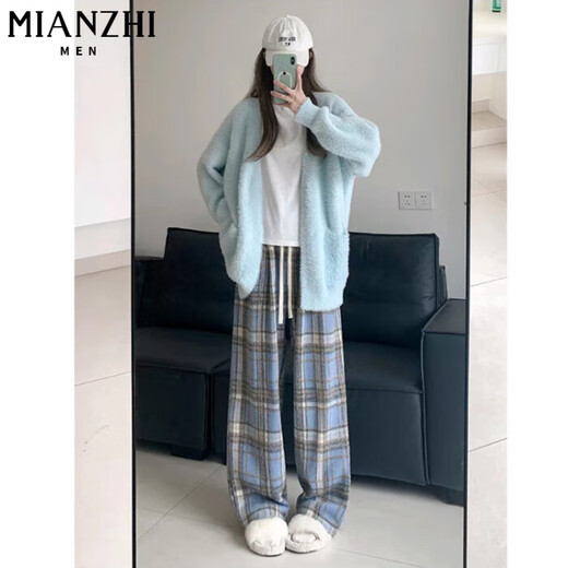 棉致毛呢格子裤子女春秋季新款宽松阔腿高腰运动休闲卫裤 687藏青色【不加绒高品质】 S 80-90斤