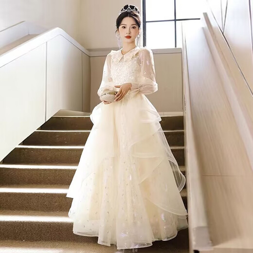 Tang Nu Wu High-end French Evening Dress for Women Graduation New Adult Dress Performance Clothes Banquet Temperament Vocal Art Exam Long Dress New Champagne Color Collar Long Sleeve 3XL 130-140Jin Jin is equal to 0.5 kg