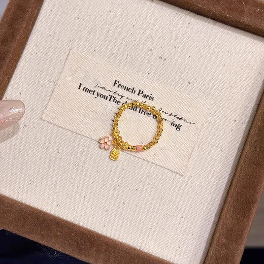 GRAYCEWODY gold ancient method Fu brand cherry blossom elastic ring faceted transfer beads exquisite ring Chinese index finger ring Fu brand cherry blossom ring-gold same style