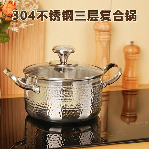 Jinjiang mini olla de acero inoxidable 304 engrosada de tres capas, una persona, una olla, cocina de inducción comercial doméstica, olla caliente pequeña individual, olla individual + tapa de vidrio 16 cm