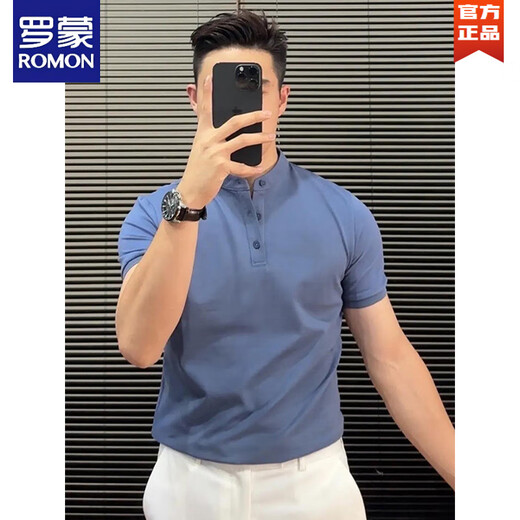 ROMON Business Henry POLO.shirt half-sleeved men's summer high-quality handsome style fitness cuffs right shoulder short-sleeved T-shirt blue L