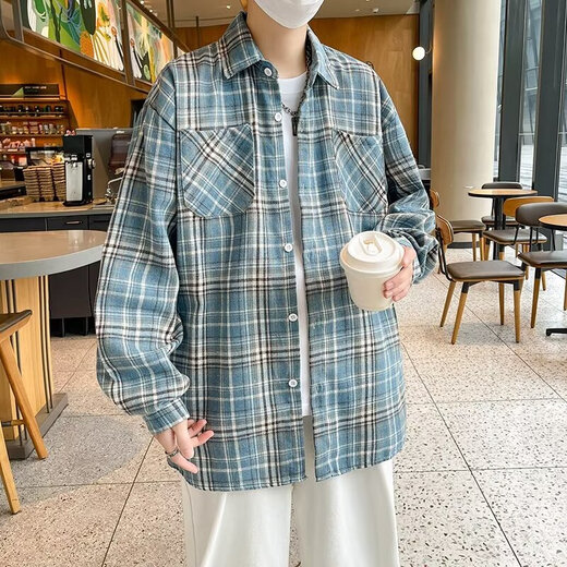 美式长袖衬衫男生春夏季宽松翻领格子衬衣复古潮流休闲百搭外套男 CRYZ687黄色 3XL