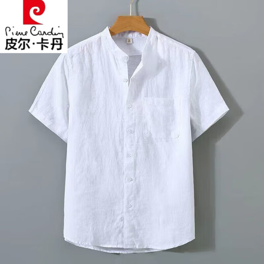 皮尔卡丹白衬衫男亚麻夏季休闲男装衣衫薄款宽松衬衣男士立领短袖棉麻上衣 白色 M