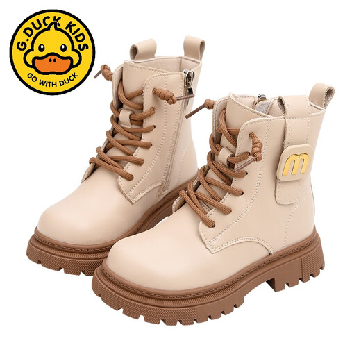 G.DuckKids Girls Bottes courtes Généreaux en cuir Martin Bottes 2025 Printemps et automne Nouveaux chaussures pour enfants mode peluche en cuir britannique Bottes en cuir moyen et gros enfants beige Single 26