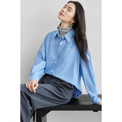 Chandubila 100% Cotton College Style Shirt Women's New Year Comfortable Long Sleeve Top Loose Casual Shirt Blue L