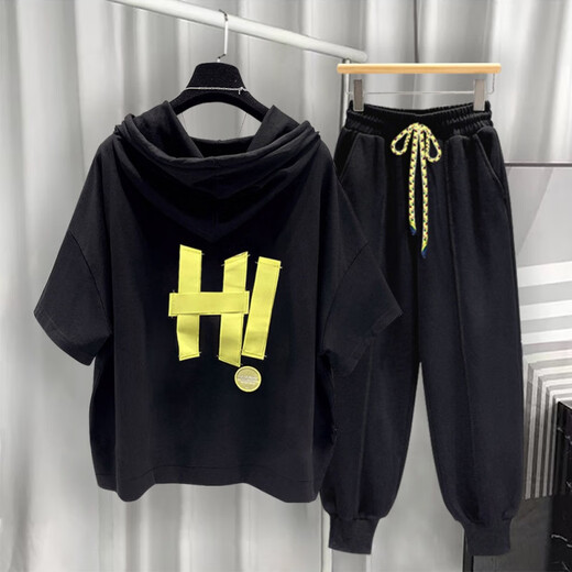 Sommer Pinli Hong Kong Style Hooded Short Sleeve Set Herren Sommer Trendy Printed T-Shirt Complete Set Weiß T5019+Black 9215 2xl Geeignet (150-180Jin [Jin ist gleich 0,5 kg])