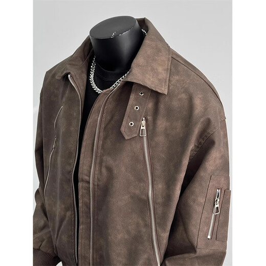 
POUM American retro trendy brand PU leather jacket men's spring and autumn style trendy high arcade motorcycle clothing hip-hop jacket SY-Y1029 brown XL