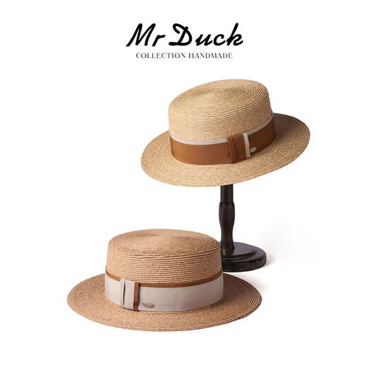 Mr Duck rétro français romance importée Raffia Chapeau plate plat pour les femmes Protection solaire élégante top chapeau femmes Big Head MS46393-Light Brown / Michi Double-Piece Webbing L (57-58cm)