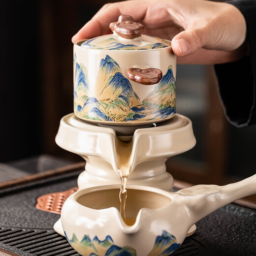Porcelain brand tea set Ru Kiln automatic tea set household Chinese style simple open piece ceramic stone grinding Kung Fu tea set high-end gift box Beige Ru Kiln <Dahao Heshan> automatic tea set