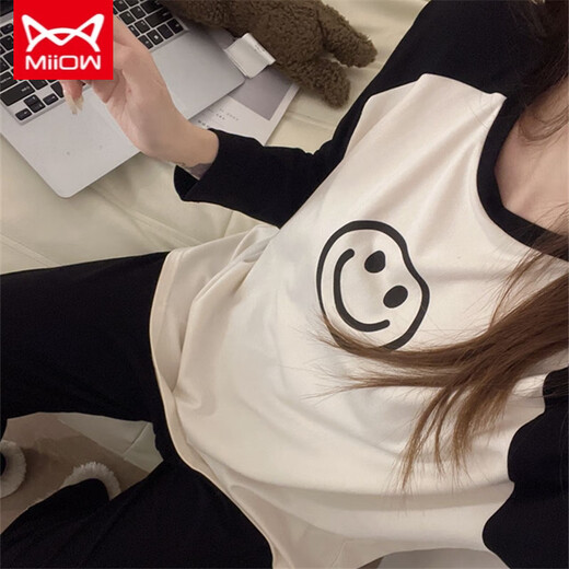 Catman MIIOW new internet celebrity style pajamas for women in spring and autumn long-sleeved trousers for thin smiling home clothing set 5009 solid color large plaid gray L (95-110Jin[Jin equals 0.5 kg])