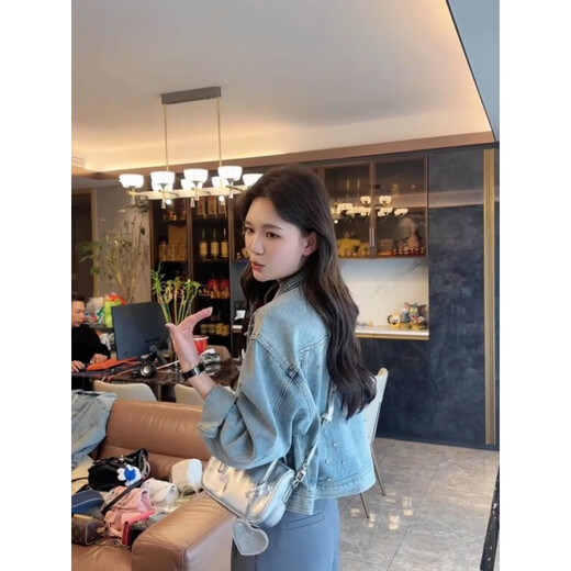 
Girls, small heavy industry soup diamond denim jacket for women 2025 autumn new fashionable and versatile retro short European top blue M