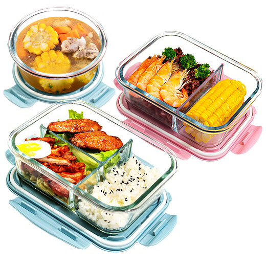 OQB Deutsch High-End-Glas-Lunchbox Mikrowellenofenheizung Special mit Lunchkinokintenarbeitern Sie Student Bento Box Freshess Box 3 Partition 1050 ml + Runde 710 ml + Isolationsbeutel + Tabelleware