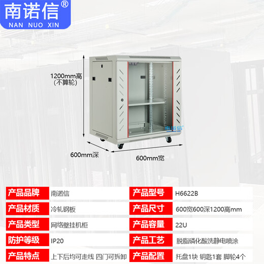 南诺信机柜12U网络机柜9U壁挂机柜6U弱电机柜墙柜2U3U4U12U15U0.3米0.5米0.6米0.8米高19英寸标准机柜 22U600宽600深1200高 H6622B