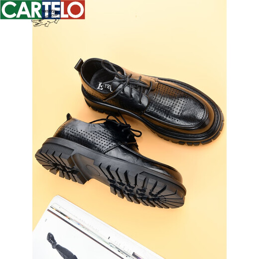 卡帝乐鳄鱼（CARTELO）商务休闲男鞋夏季透气镂空皮凉鞋男士打孔厚底德比鞋男款夏天皮鞋 黑色系带15267-0 夏季打孔洞洞 39 这款偏大一码