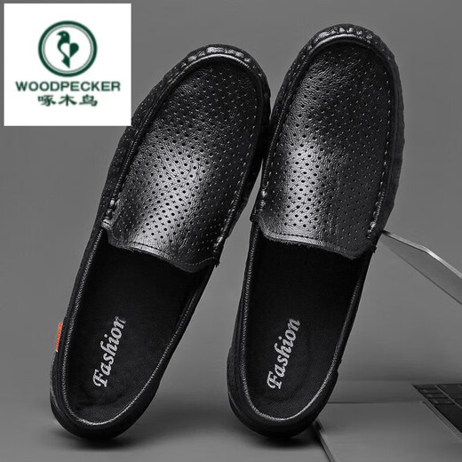 
Woodpecker men's shoes new breathable bean shoes men's genuine leather hollow casual leather shoes lazy shoes one foot kick hole shoes driving shoes black breathable (9901) 38 standard leather shoes size