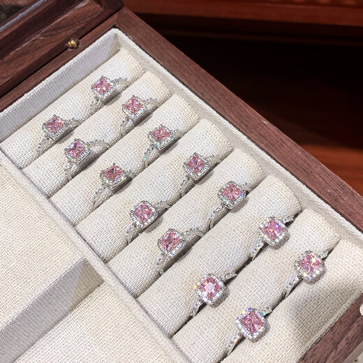 Hua Youxin Persimmon s925 silver ring female pink diamond small sugar cube ring female niche design high-end plain ring ring open index finger ring pink diamond small sugar cube ring