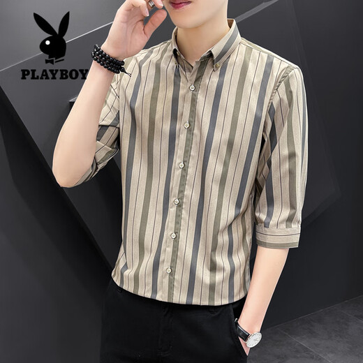 花花公子（PLAYBOY）七分袖衬衫男短袖休闲修身夏季薄款半袖条纹衬衣潮流帅气中袖寸衣 678灰色 3XL