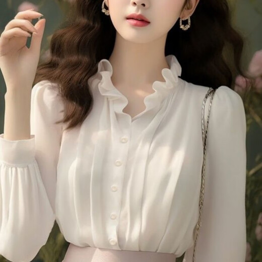 MODX temperament fungus collar white shirt 2025 European small shirt this year's popular beautiful tops for women white shirt S 80-100Jin Jin is equal to 0.5 kg