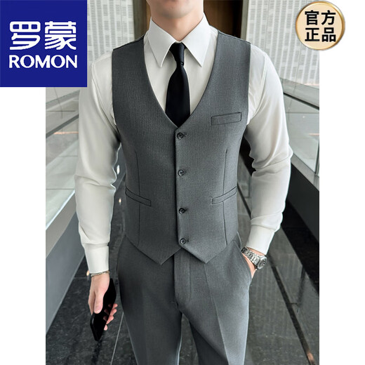ROMON suit men's suit Korean version slim fit wedding groomsmen dress no ironing business formal three-piece casual suit jacket black suit + vest + pants + shirt waist L (105~120Jin Jin equals 0.5 kg)