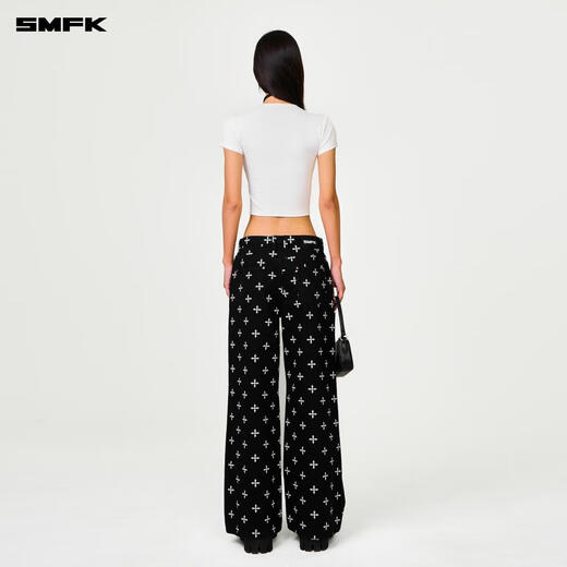 SMFK十字经典阔腿牛仔裤复古宽松休闲百搭许靖韵同款PD005BJ/BG/LG/CW 黑花园 L