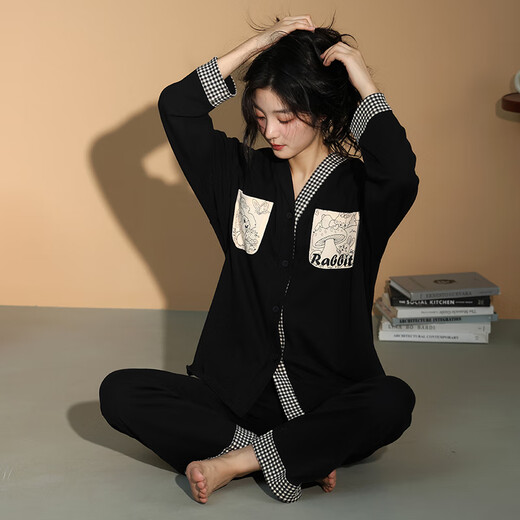 LangSha couple pajamas for women spring pure cotton long-sleeved with chest pads that can be worn outside home clothes men's cotton casual cardigan set 8060 M women + 2XL men