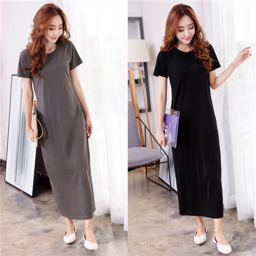 Vanmocho Super langes Kleid mit kurzer Ärmel-Baumwoll-Over-Knie-T-Shirt-Rock für Frauen schlanker Fit und schlanker Sommerschlitz-Knöchelrock für Frauen grau 9905 langer Rock M.