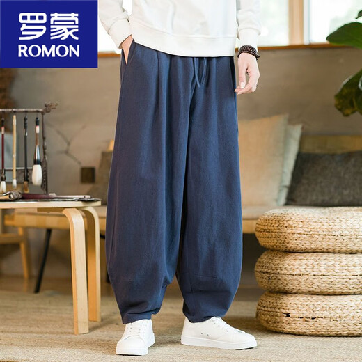Romon (Romon) Baumwolle und Leinenhosen Männer lose Bloomer Frühlings- und Sommer-Chinesische Stil Casual Hohosere Baumwolle und Leinen große Rettichhose Harem Hosen grau 3xl 160-175jin [Jin entspricht 0,5 kg]