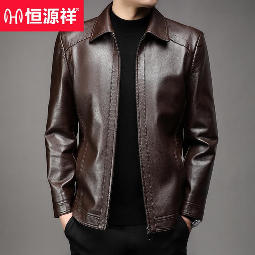 恒源祥高端男装春秋软皮皮衣中年男士商务休闲翻领夹克外套爸爸装上衣 黑 1755 春秋款 翻领  常规 M 170 100-120斤