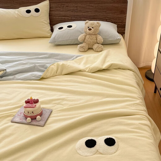 Enxing summer cream style machine washable cotton summer cool quilt set of three or four pieces for student dormitory single solid color thin air-conditioned quilt washed cotton-big eyes summer quilt milk yellow small blue grid children's summer quilt-100x150cm