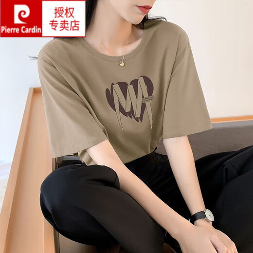 皮尔卡丹（pierre cardin）卡其色纯棉短袖t恤女夏大版气质潮牌体恤独特别致新款上衣设计感 灰蓝色 653 M