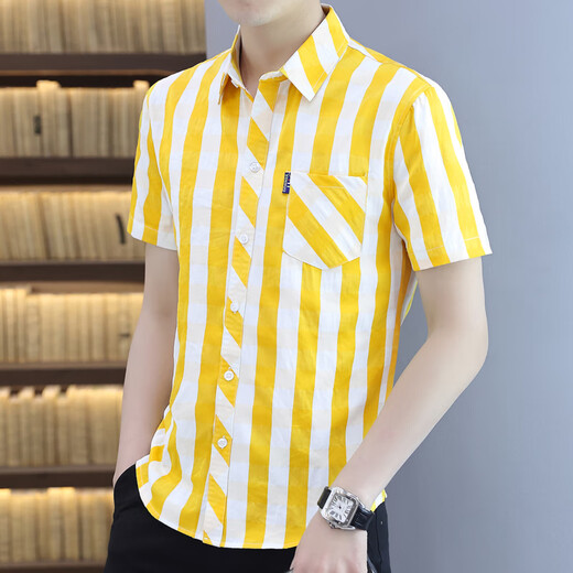 皮尔卡丹（pierre cardin）格子衬衫男短袖夏季休闲帅气韩版修身潮流男士衬衣百搭半袖寸衫衣 838黄色 XL 120-133斤