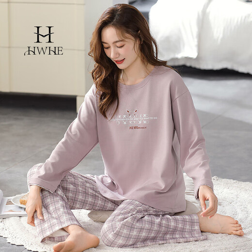 HWHE轻奢品牌女士长袖纯棉睡衣春秋冬新款舒适薄款可外穿家居服套装 HJF-702女 M 85-105斤