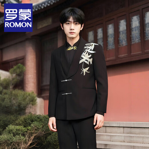 ROMON New Chinese style Chinese tunic suit with golden bamboo embroidery suit for men, green fruit collar, high-end, loose, small suit jacket, black suit + pants + gold embroidered black shirt XL