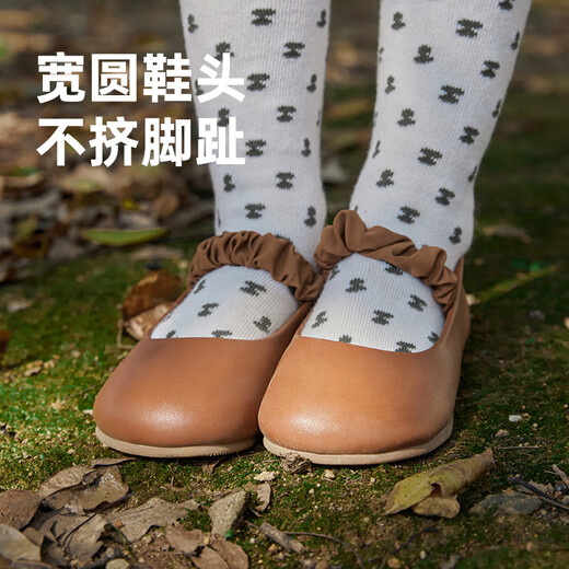 Papa crawl autumn new children's small leather shoes girls glossy round toe waterproof non-slip soft bottom breathable brown size 26