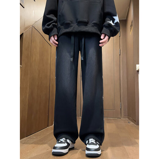 Yalu American pants men's autumn and winter new loose trendy straight drawstring leg sports pants plus velvet black X366 plus velvet high quality 30