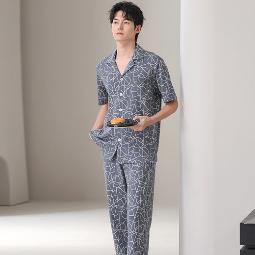Pajamas de hombres de algodón puro de verano de yalu para hombres, estante de algodón de algodón fresco cómodos pantalones de manga corta, juego de dos piezas para ropa casera para usar afuera. Estilo: 09M9856 2XL Recomendado: 175-180 cm/70-80 kg