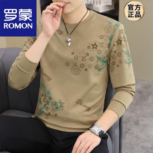 罗蒙（ROMON）2025春秋新款男士长袖T恤潮流时尚欧货卫衣潮男加大码打底衫上衣 【春秋薄.款】6628卡其 150-165斤 2XL